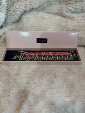 Victoria's Secret Pink and Green Woven Chain Bracelet with Gold Accents